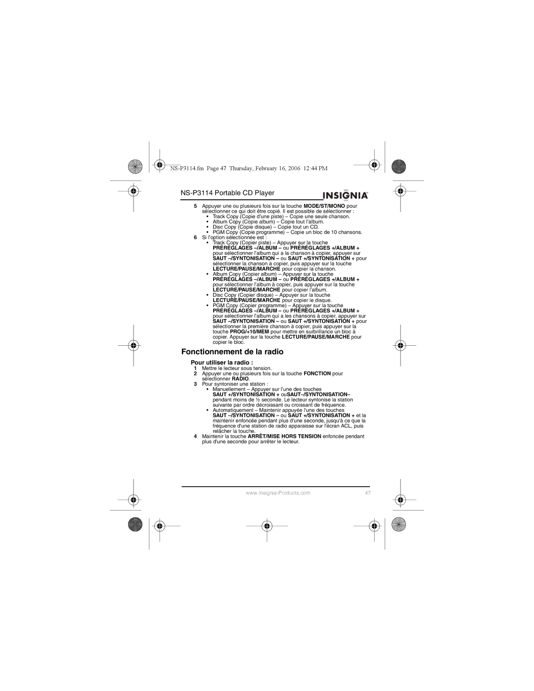 Insignia NS-P3114 manual Fonctionnement de la radio, Pour utiliser la radio 