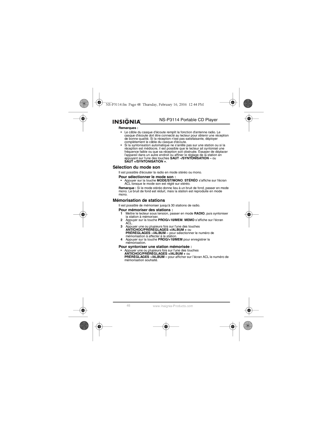 Insignia NS-P3114 manual Sélection du mode son, Mémorisation de stations, Pour sélectionner le mode son 