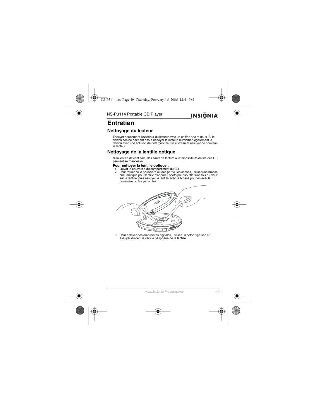 Insignia NS-P3114 Entretien, Nettoyage du lecteur, Nettoyage de la lentille optique, Pour nettoyer la lentille optique 