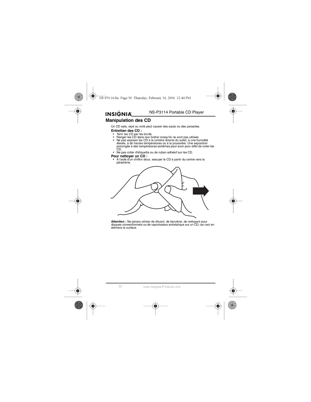 Insignia NS-P3114 manual Manipulation des CD, Entretien des CD, Pour nettoyer un CD 