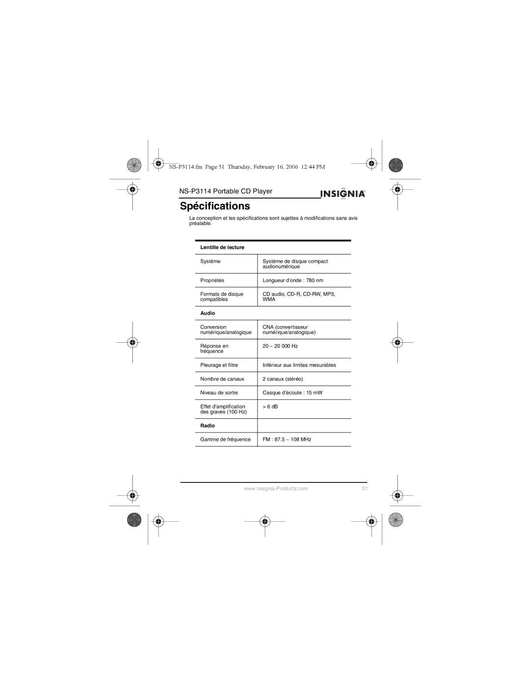 Insignia NS-P3114 manual Spécifications, Lentille de lecture 