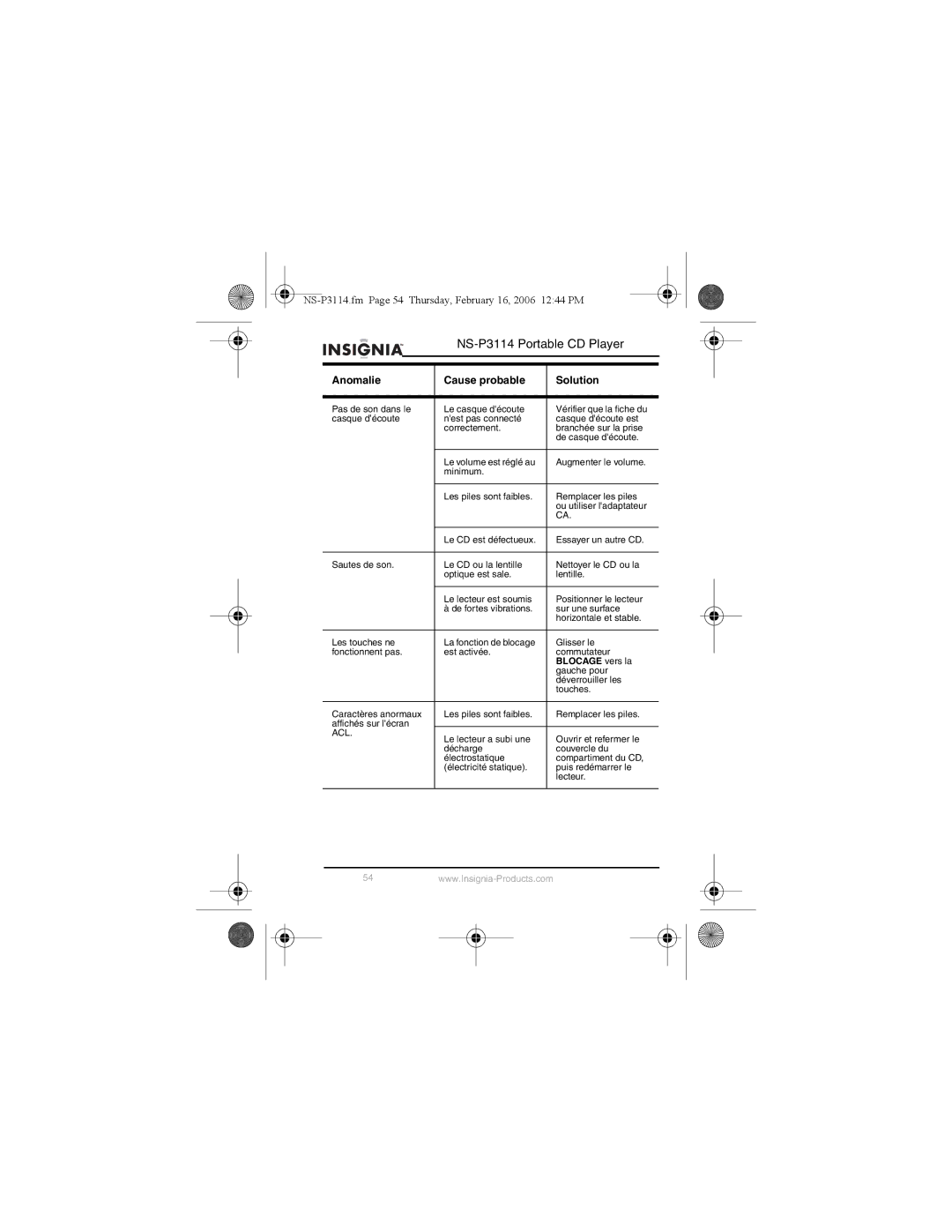 Insignia NS-P3114 manual Blocage vers la 