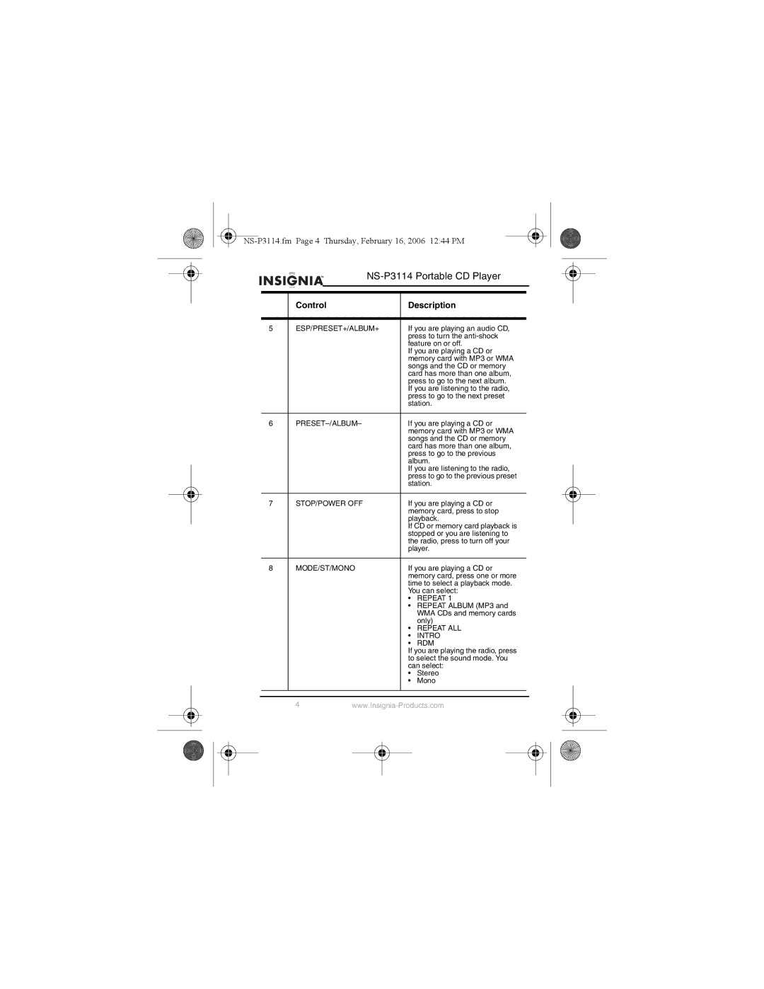 Insignia NS-P3114 manual Esp/Preset+/Album+, Preset-/Album, Stop/Power Off, Mode/St/Mono, Repeat ALL Intro RDM 