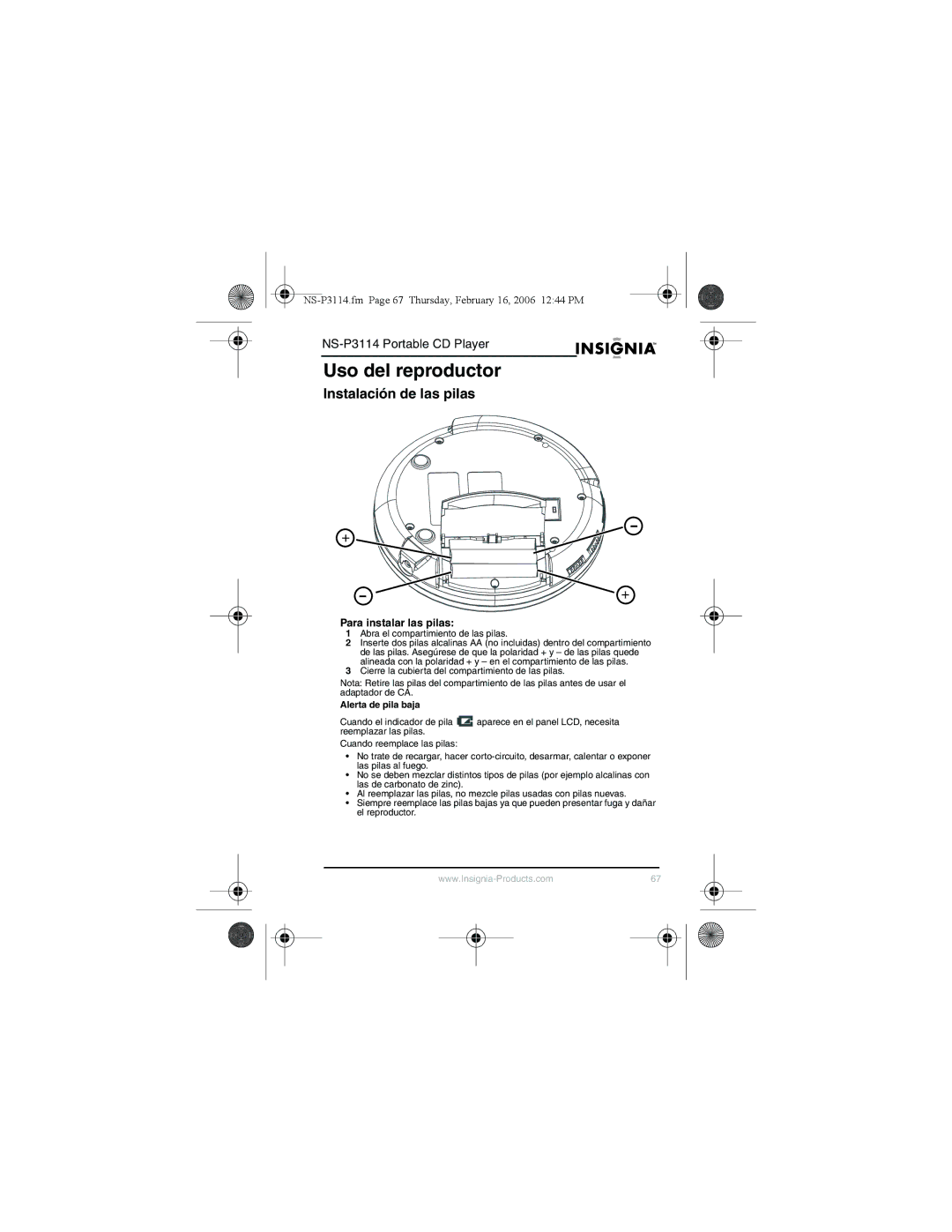 Insignia NS-P3114 manual Uso del reproductor, Instalación de las pilas, Para instalar las pilas, Alerta de pila baja 