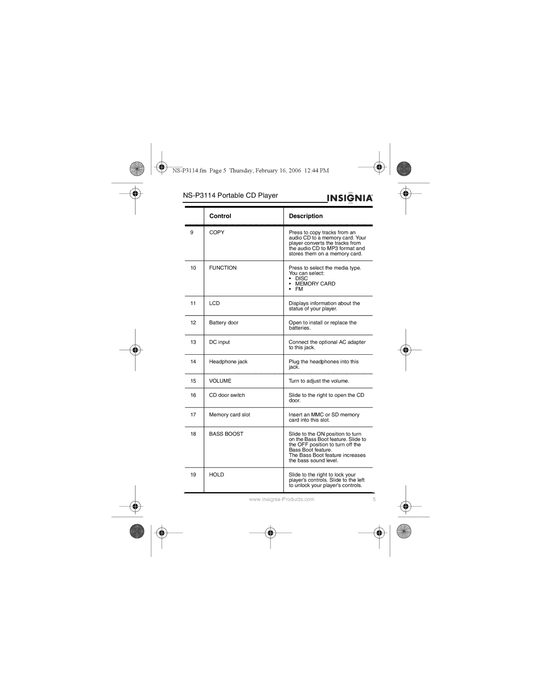 Insignia NS-P3114 manual Copy, Function, Disc Memory Card LCD, Volume, Bass Boost, Hold 