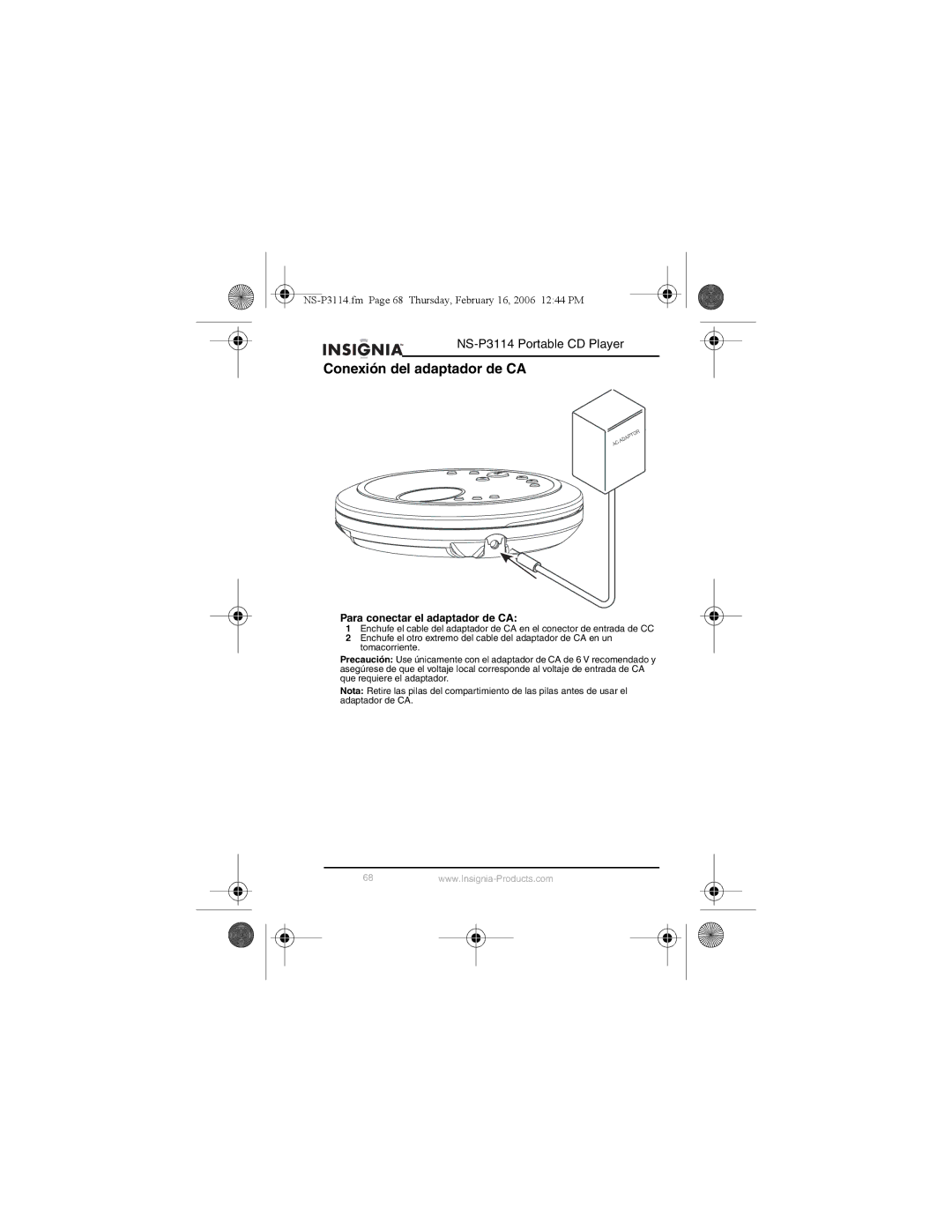 Insignia NS-P3114 manual Conexión del adaptador de CA, Para conectar el adaptador de CA 