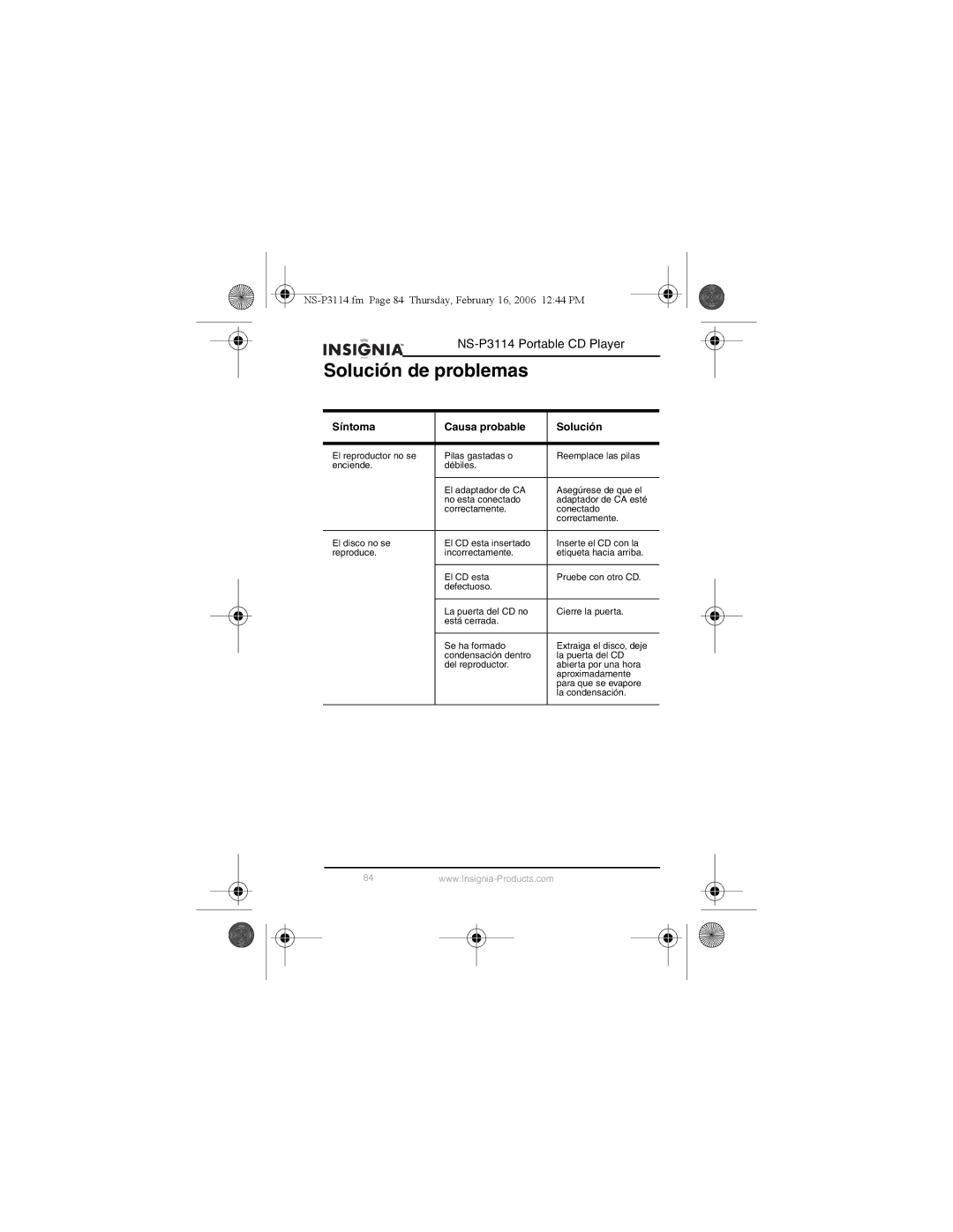 Insignia NS-P3114 manual Solución de problemas, Síntoma Causa probable Solución 