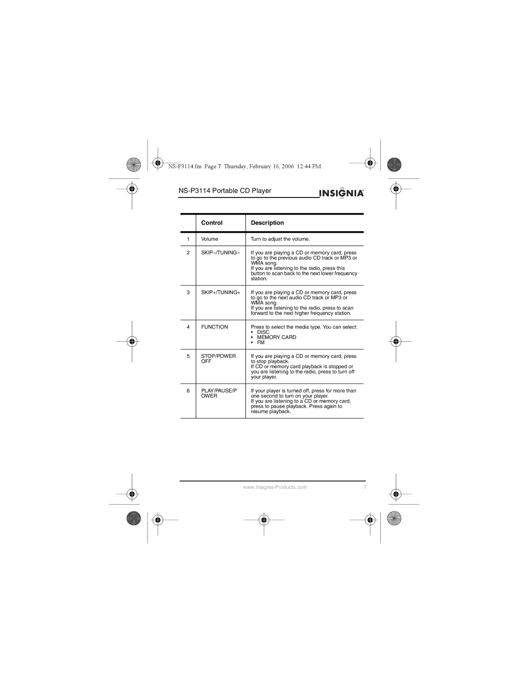 Insignia NS-P3114 manual Disc, Stop/Power, Off, Play/Pause/P, Ower 