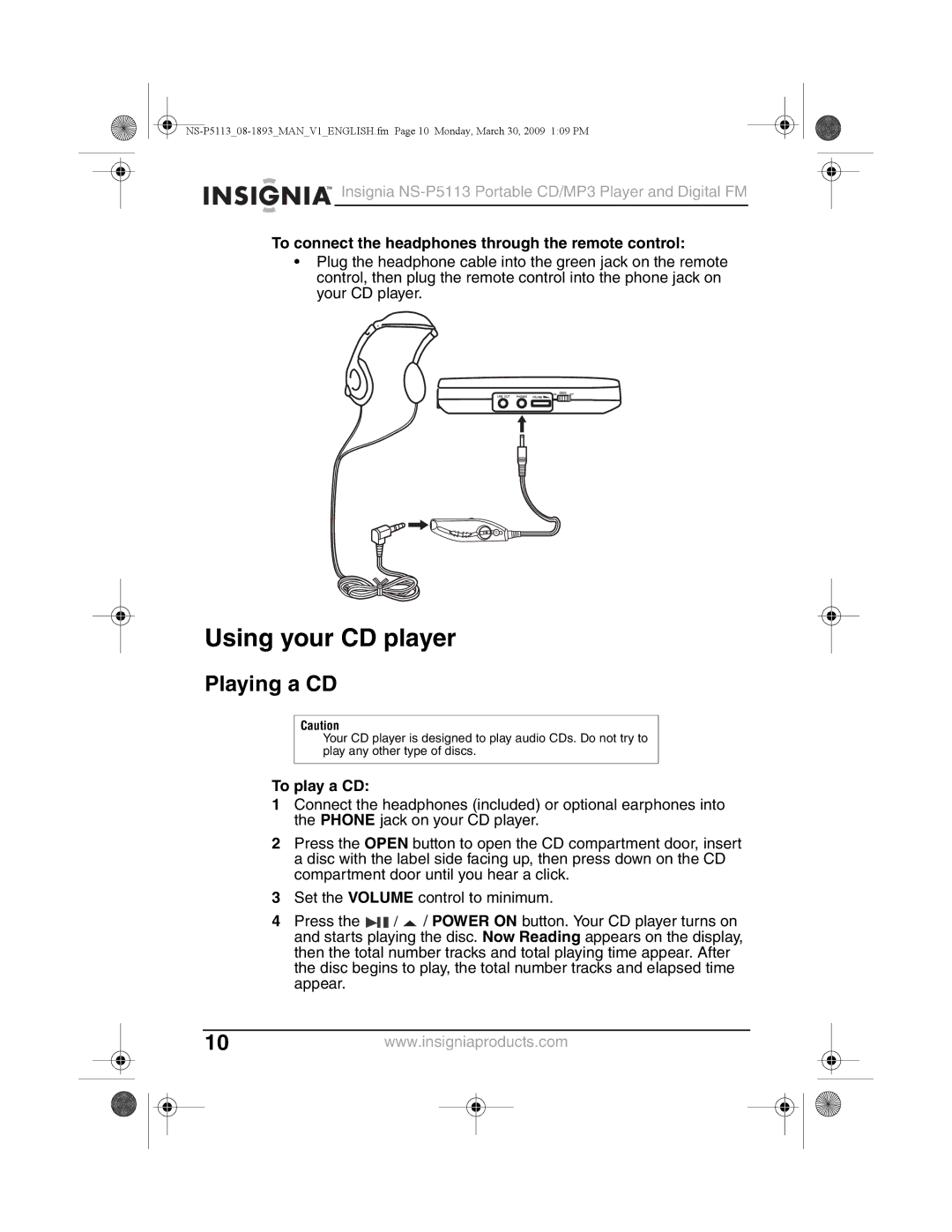 Insignia NS-P5113 Using your CD player, Playing a CD, To connect the headphones through the remote control, To play a CD 