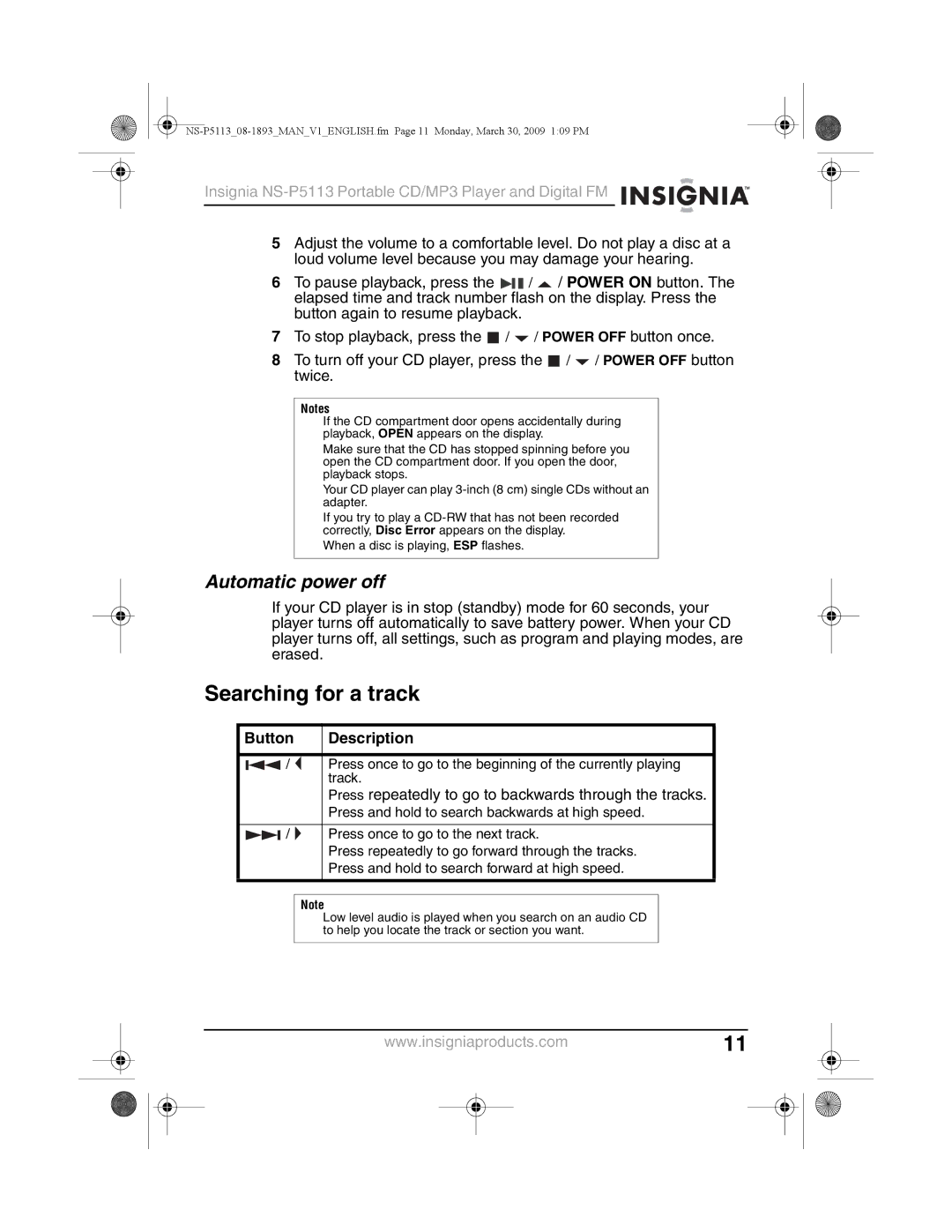 Insignia NS-P5113 manual Searching for a track, Automatic power off 