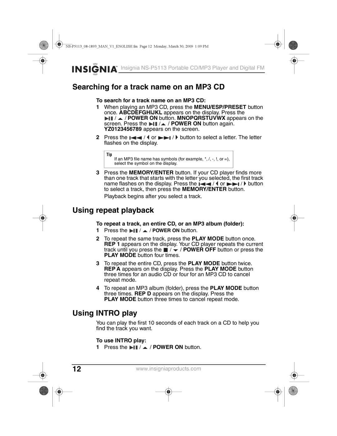 Insignia NS-P5113 manual Searching for a track name on an MP3 CD, Using repeat playback, Using Intro play 