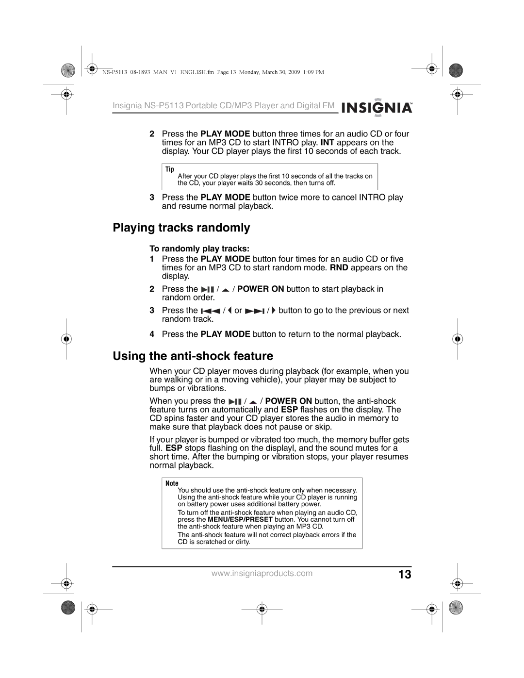 Insignia NS-P5113 manual Playing tracks randomly, Using the anti-shock feature, To randomly play tracks 