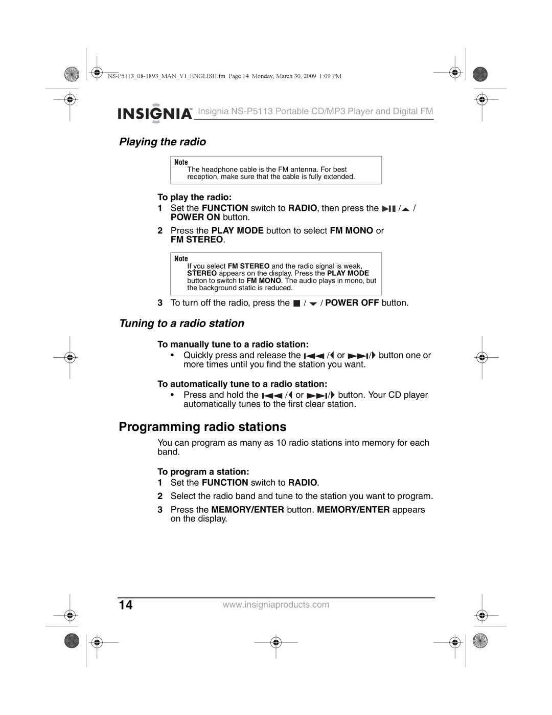 Insignia NS-P5113 manual Programming radio stations, Playing the radio, Tuning to a radio station 