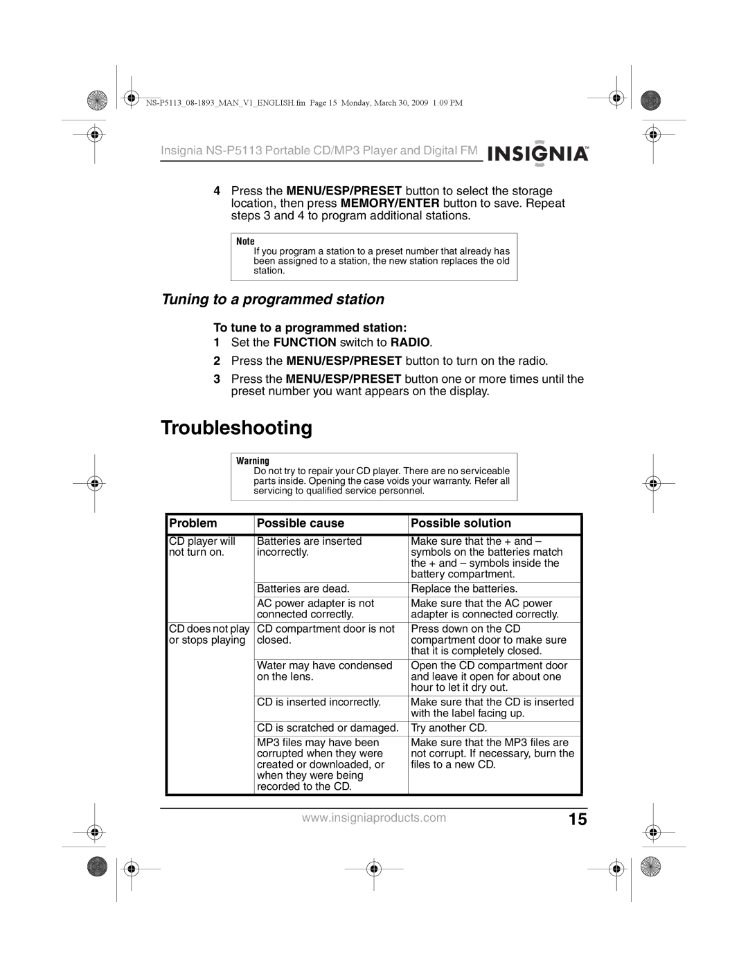 Insignia NS-P5113 manual Troubleshooting, Tuning to a programmed station, To tune to a programmed station 