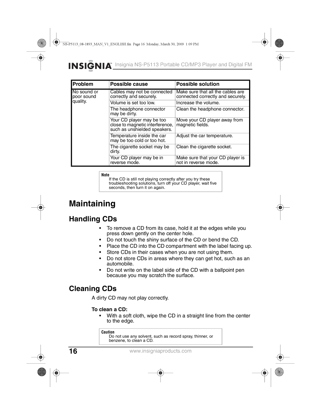 Insignia NS-P5113 manual Maintaining, Handling CDs, Cleaning CDs, To clean a CD 