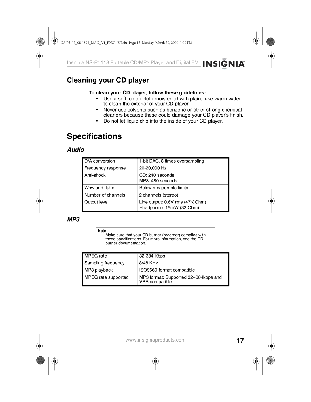 Insignia NS-P5113 manual Specifications, Cleaning your CD player, Audio, To clean your CD player, follow these guidelines 