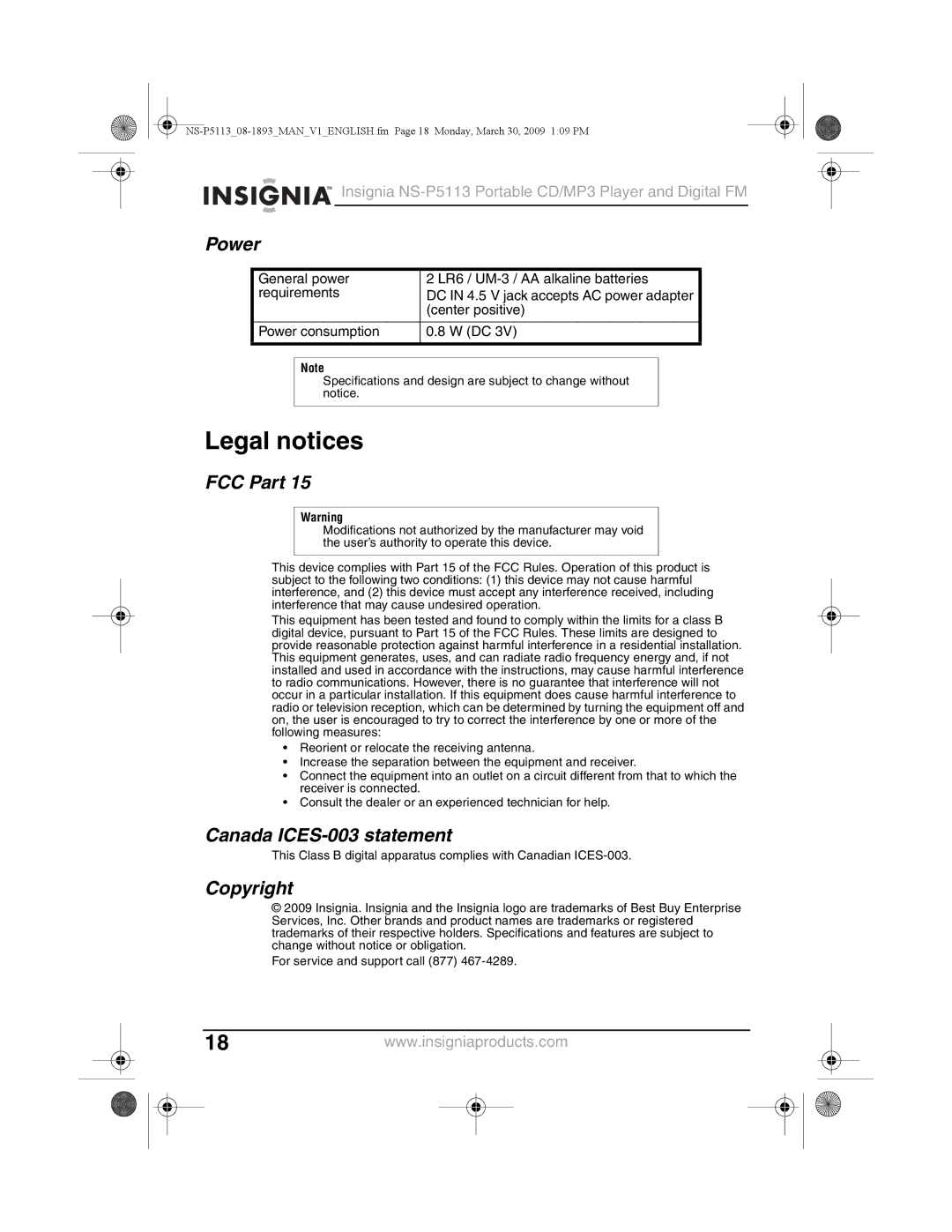 Insignia NS-P5113 manual Legal notices, Power, FCC Part, Canada ICES-003 statement, Copyright 