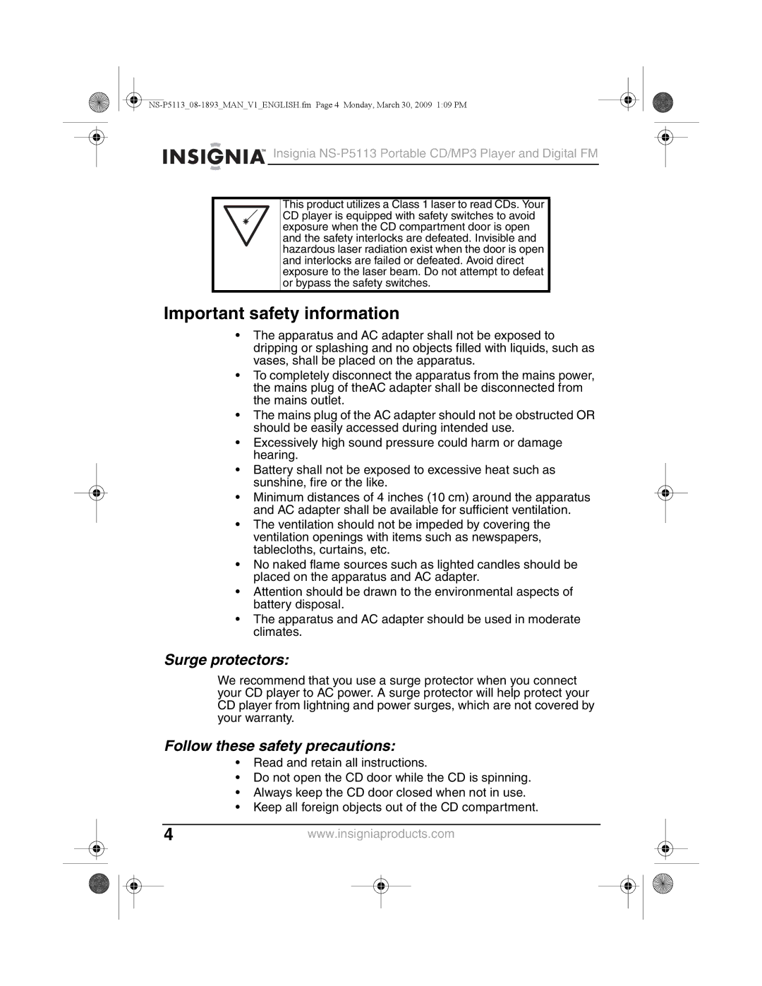 Insignia NS-P5113 manual Important safety information, Surge protectors, Follow these safety precautions 