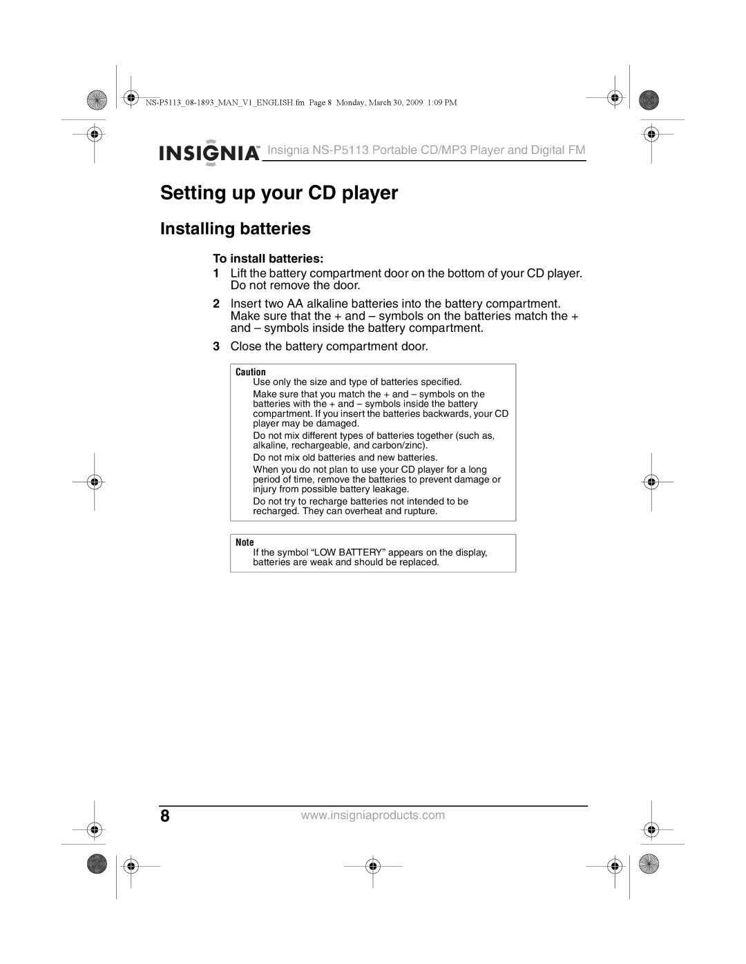 Insignia NS-P5113 manual Setting up your CD player, Installing batteries, To install batteries 