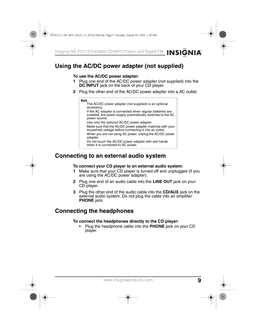 Insignia NS-P5113 manual Using the AC/DC power adapter not supplied, Connecting to an external audio system 