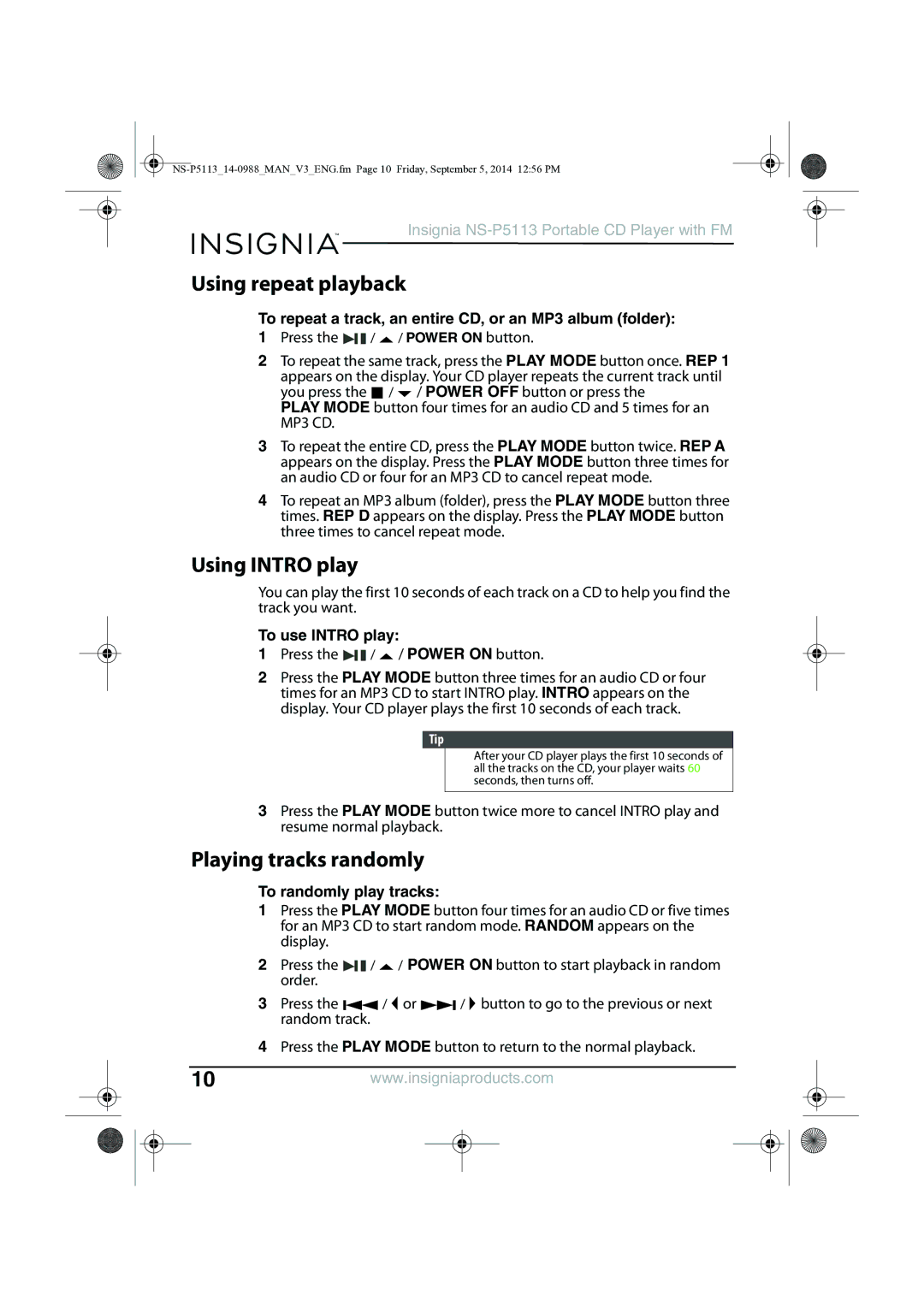 Insignia NS-PS113 manual Using repeat playback, Using Intro play, Playing tracks randomly, To use Intro play 