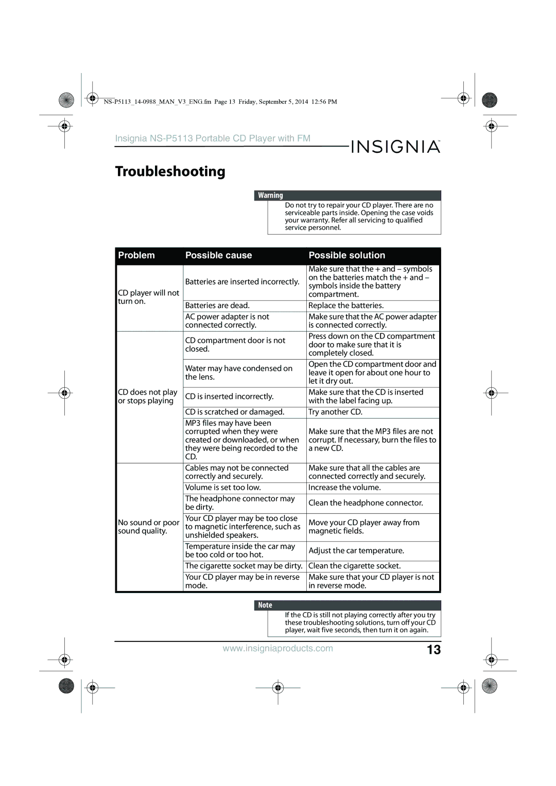 Insignia NS-PS113 manual Troubleshooting, Problem Possible cause Possible solution 