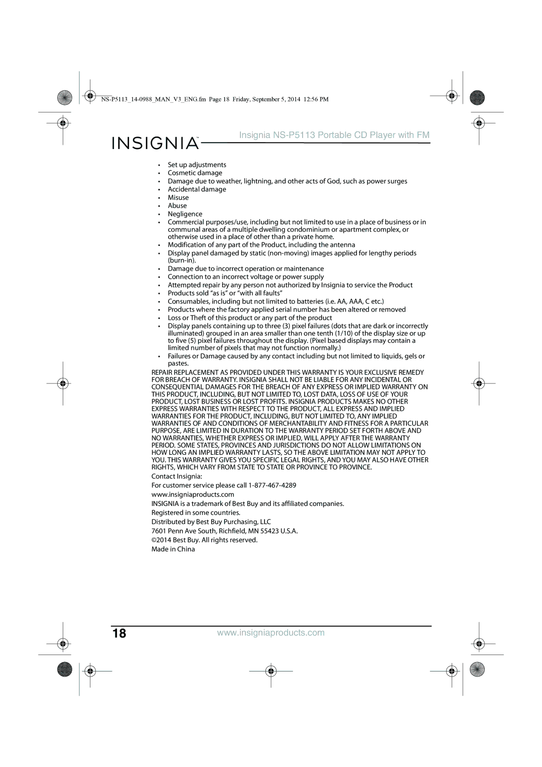 Insignia NS-PS113 manual Insignia NS-P5113 Portable CD Player with FM 