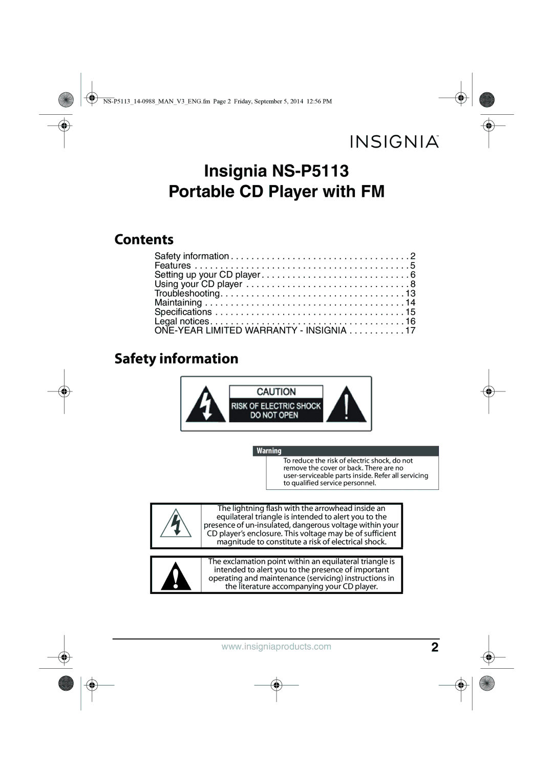 Insignia NS-PS113 manual Contents, Safety information 