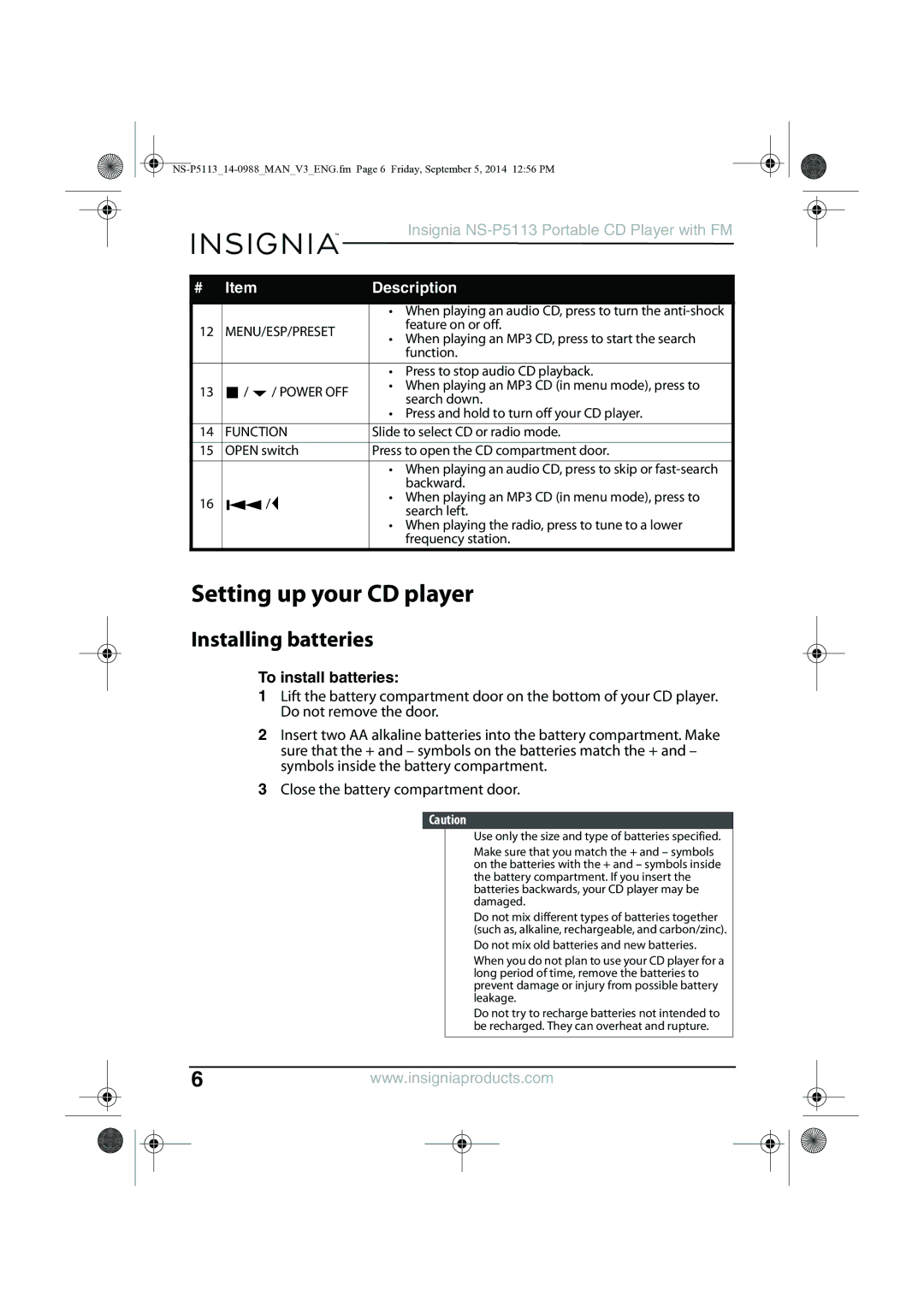 Insignia NS-PS113 manual Setting up your CD player, Installing batteries, To install batteries 