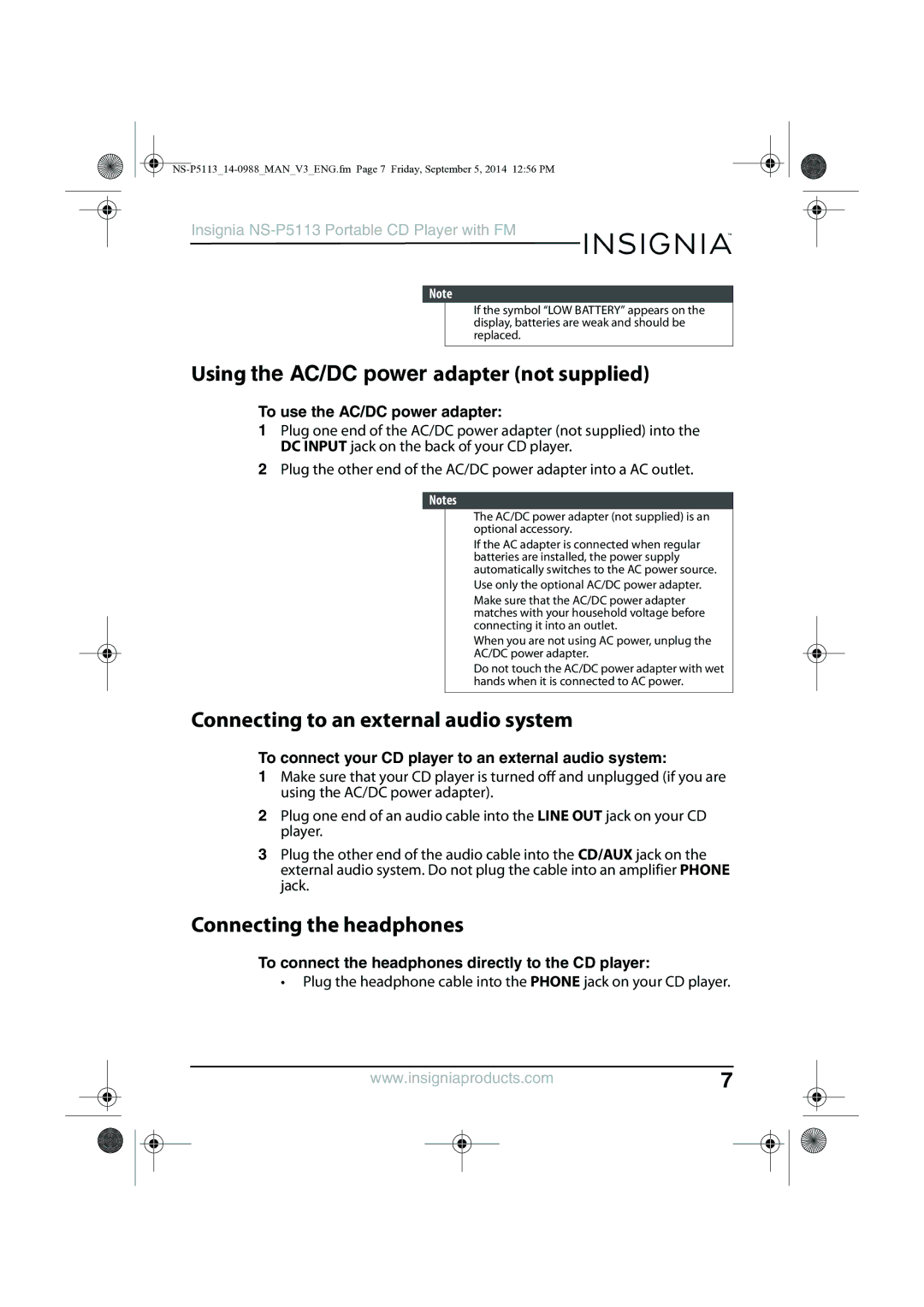 Insignia NS-PS113 manual Using the AC/DC power adapter not supplied, Connecting to an external audio system 