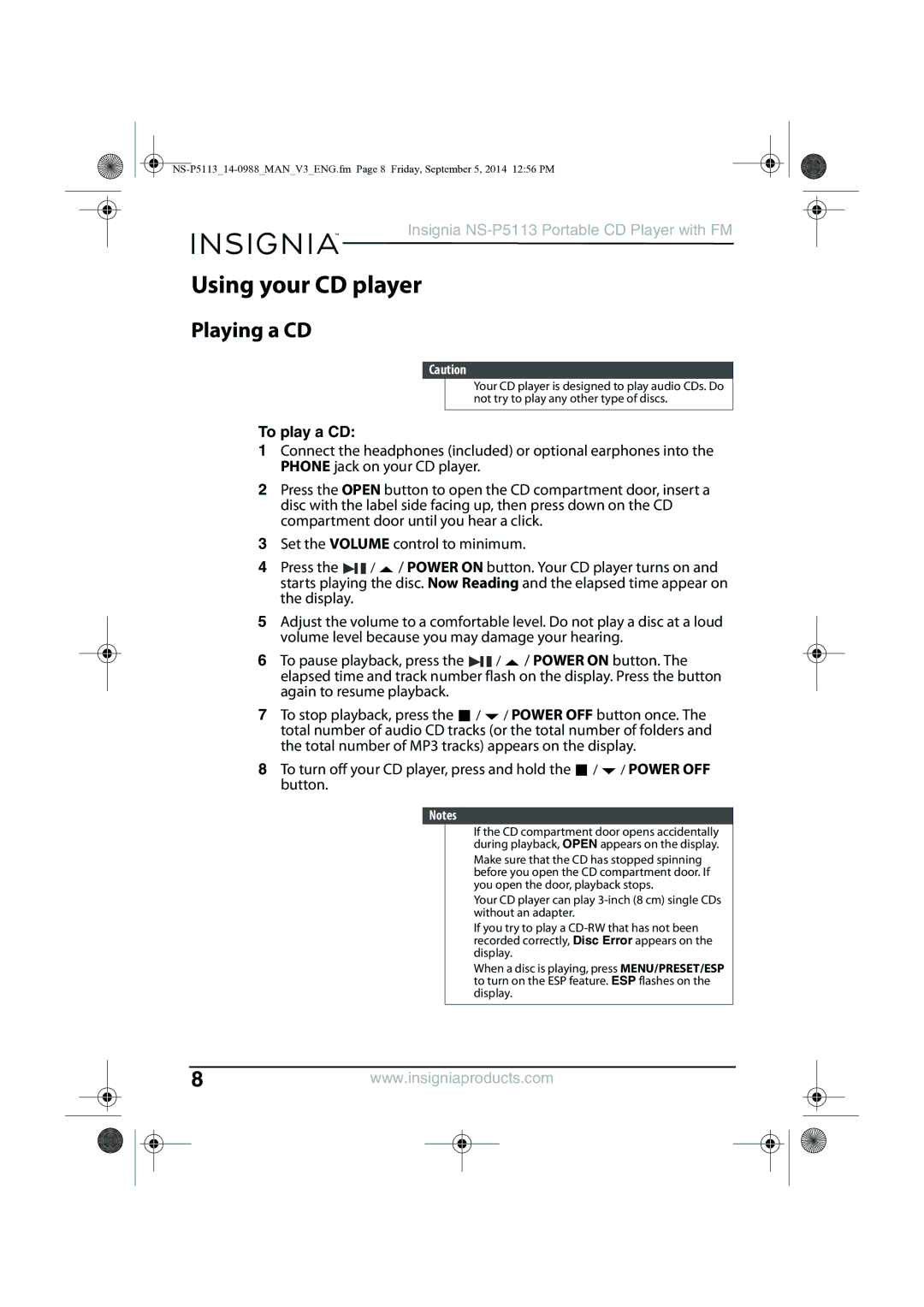 Insignia NS-PS113 manual Using your CD player, Playing a CD, To play a CD 