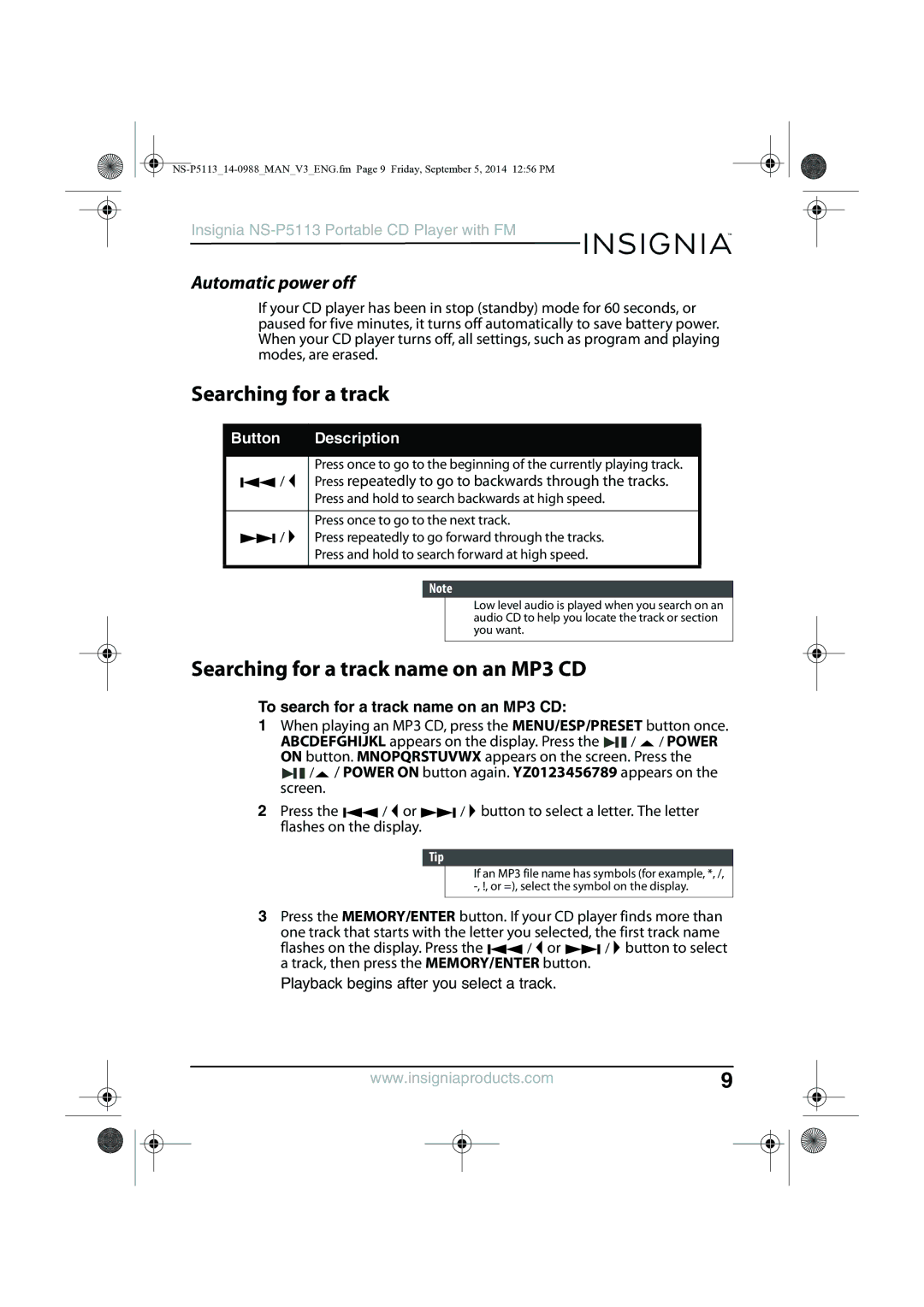 Insignia NS-PS113 manual Searching for a track name on an MP3 CD, Automatic power off 