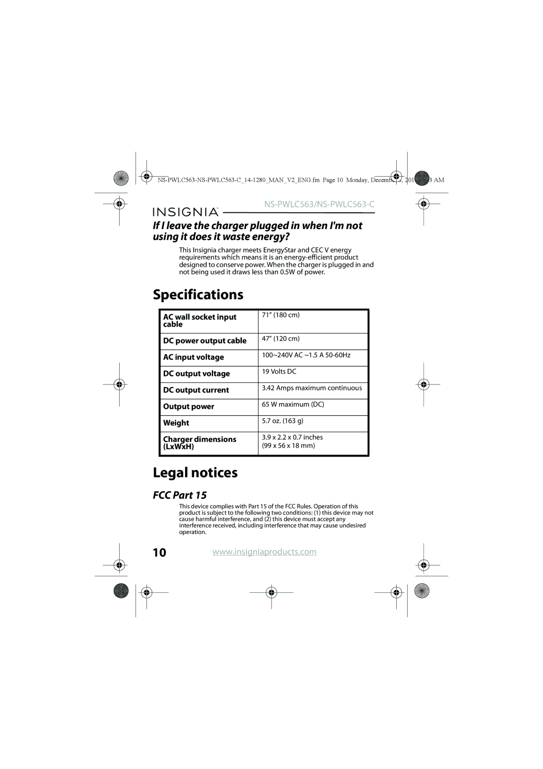 Insignia NS-PWLC563-C manual Specifications, Legal notices, FCC Part 