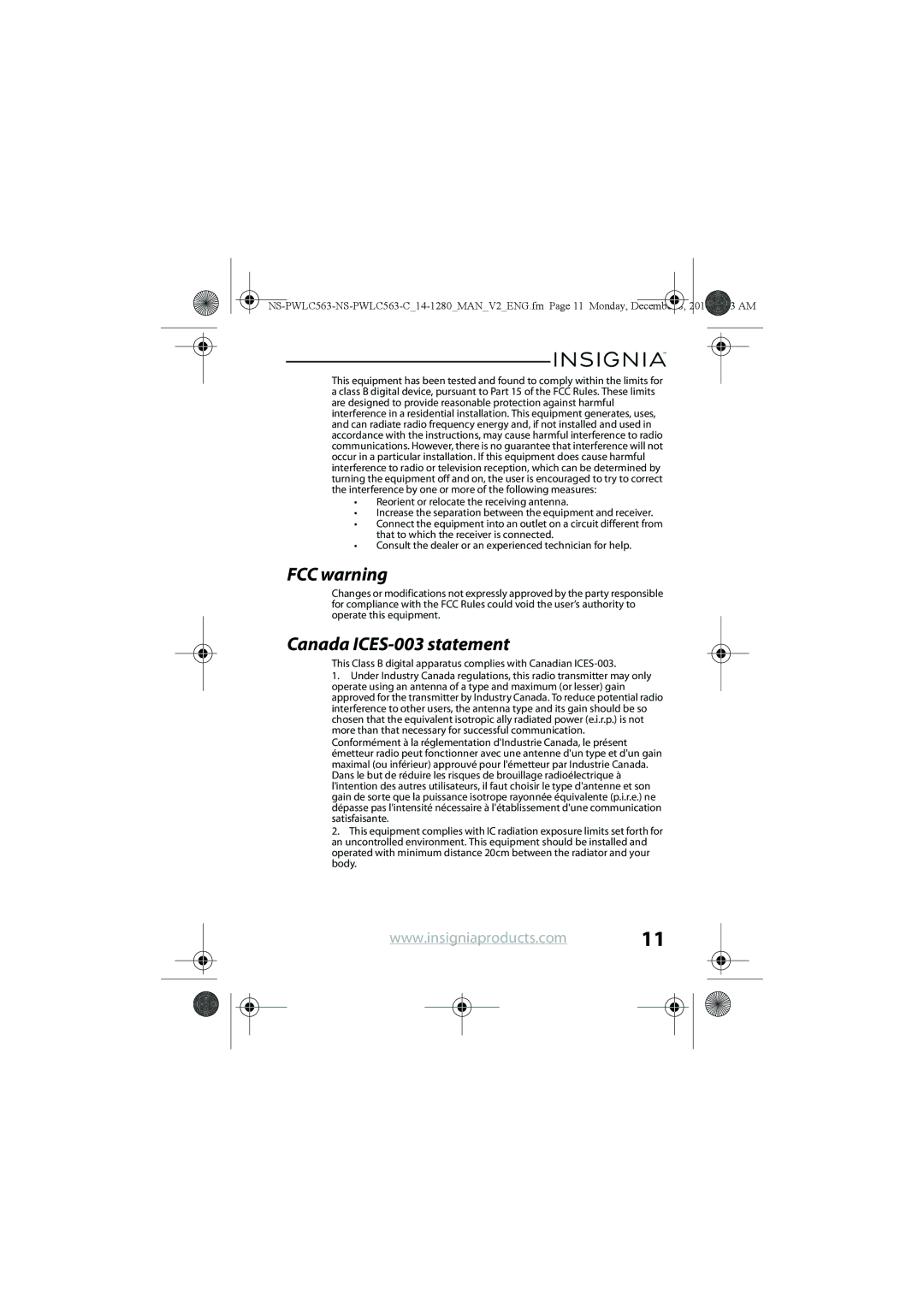 Insignia NS-PWLC563-C manual FCC warning, Canada ICES-003 statement 