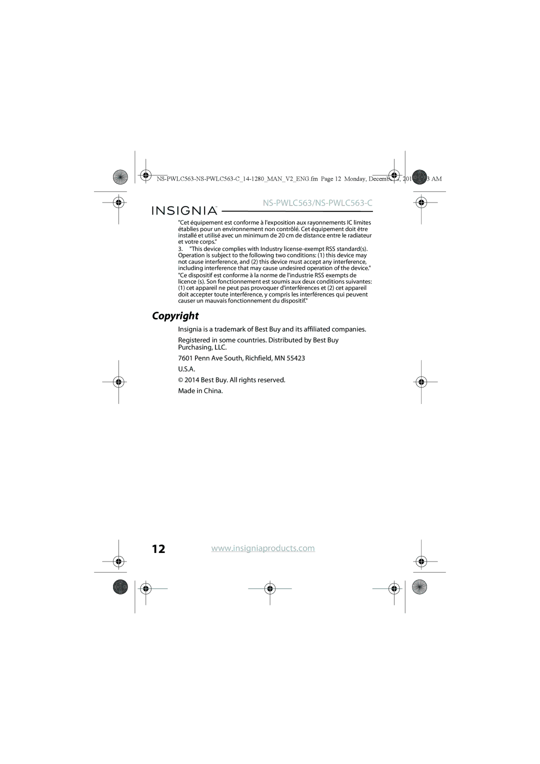 Insignia NS-PWLC563-C manual Copyright 