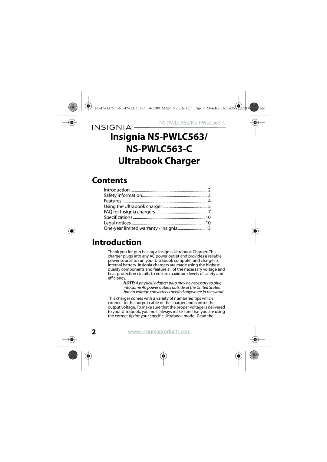 Insignia NS-PWLC563-C manual Contents, Introduction 