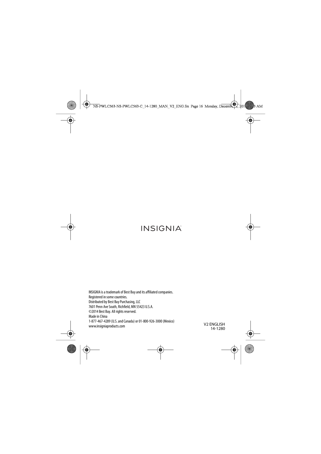 Insignia NS-PWLC563-C manual Distributed by Best Buy Purchasing, LLC, Made in China, V2 ENGLISH 14-1280 