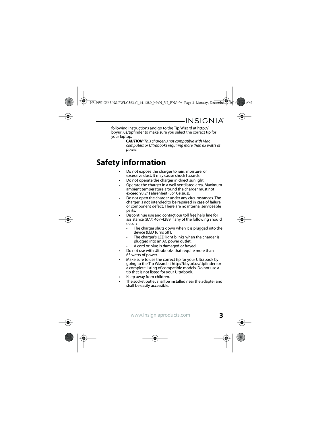 Insignia NS-PWLC563-C manual Safety information 