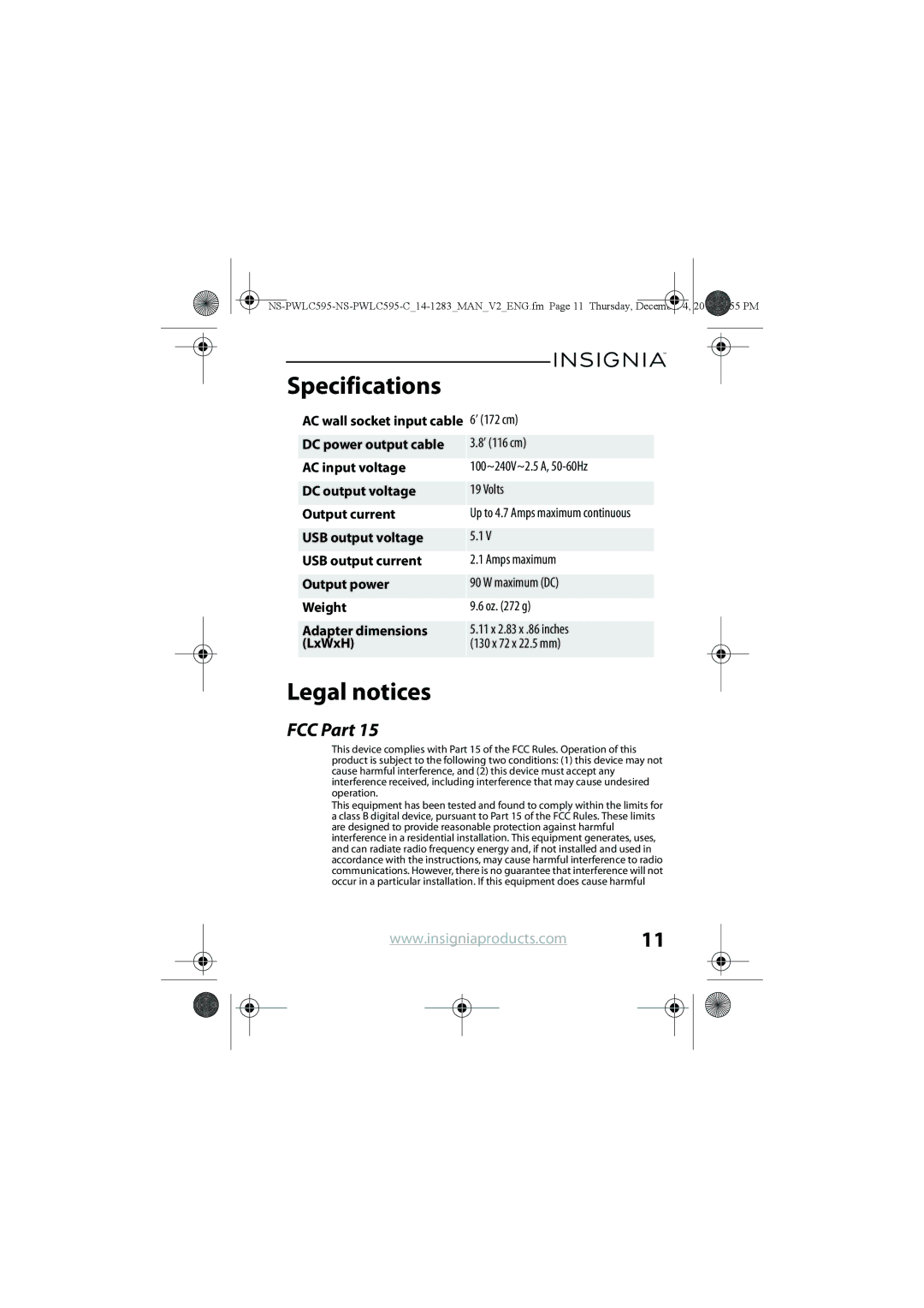 Insignia NS-PWLC595-C manual Specifications, Legal notices, FCC Part 