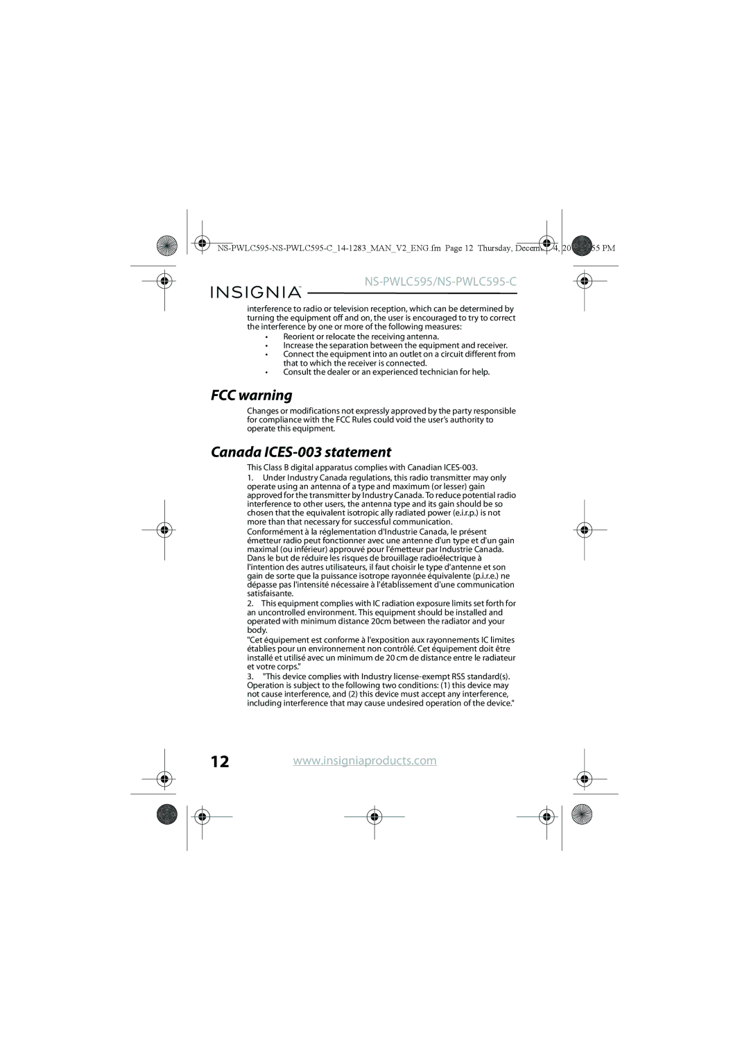 Insignia NS-PWLC595-C manual FCC warning, Canada ICES-003 statement 