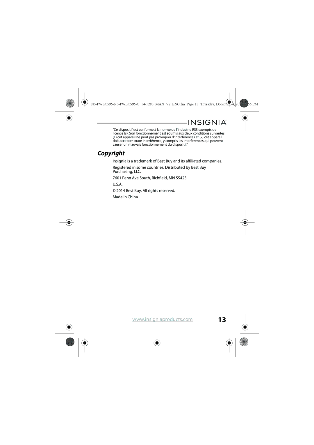 Insignia NS-PWLC595-C manual Copyright 