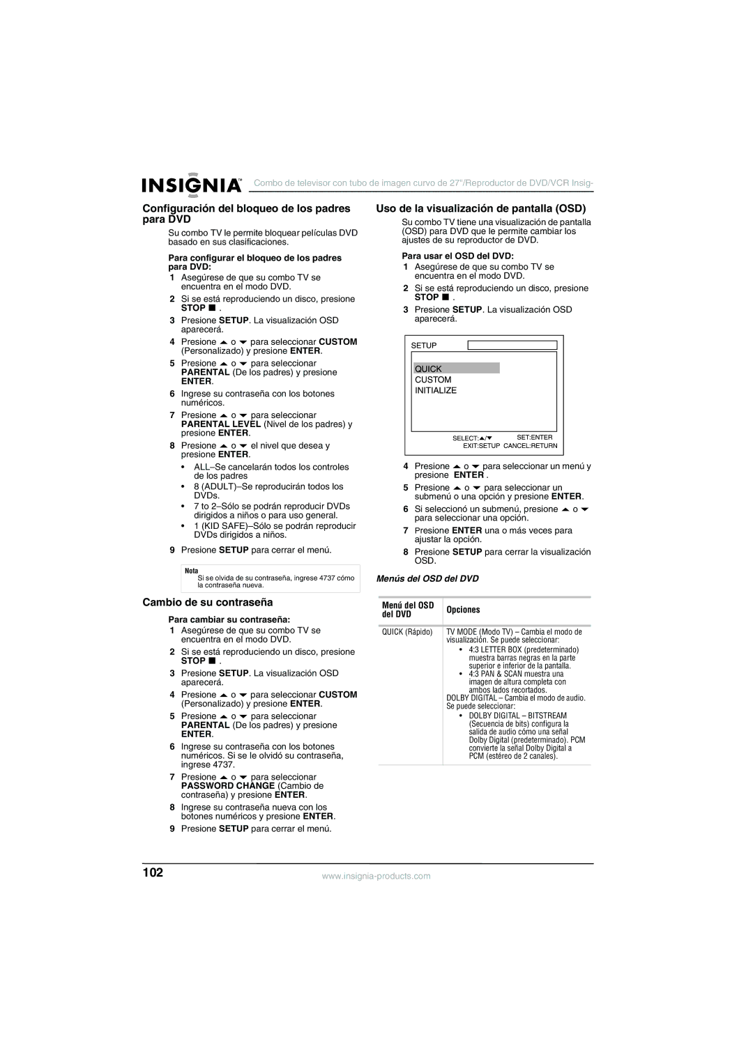 Insignia NS-R27TR manual Configuración del bloqueo de los padres para DVD, Uso de la visualización de pantalla OSD 