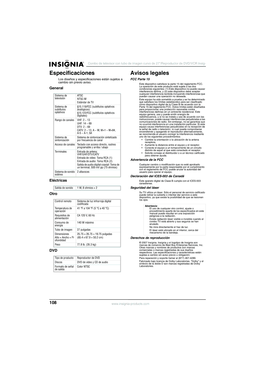 Insignia NS-R27TR manual Especificaciones, Avisos legales, Eléctricas, Otro 