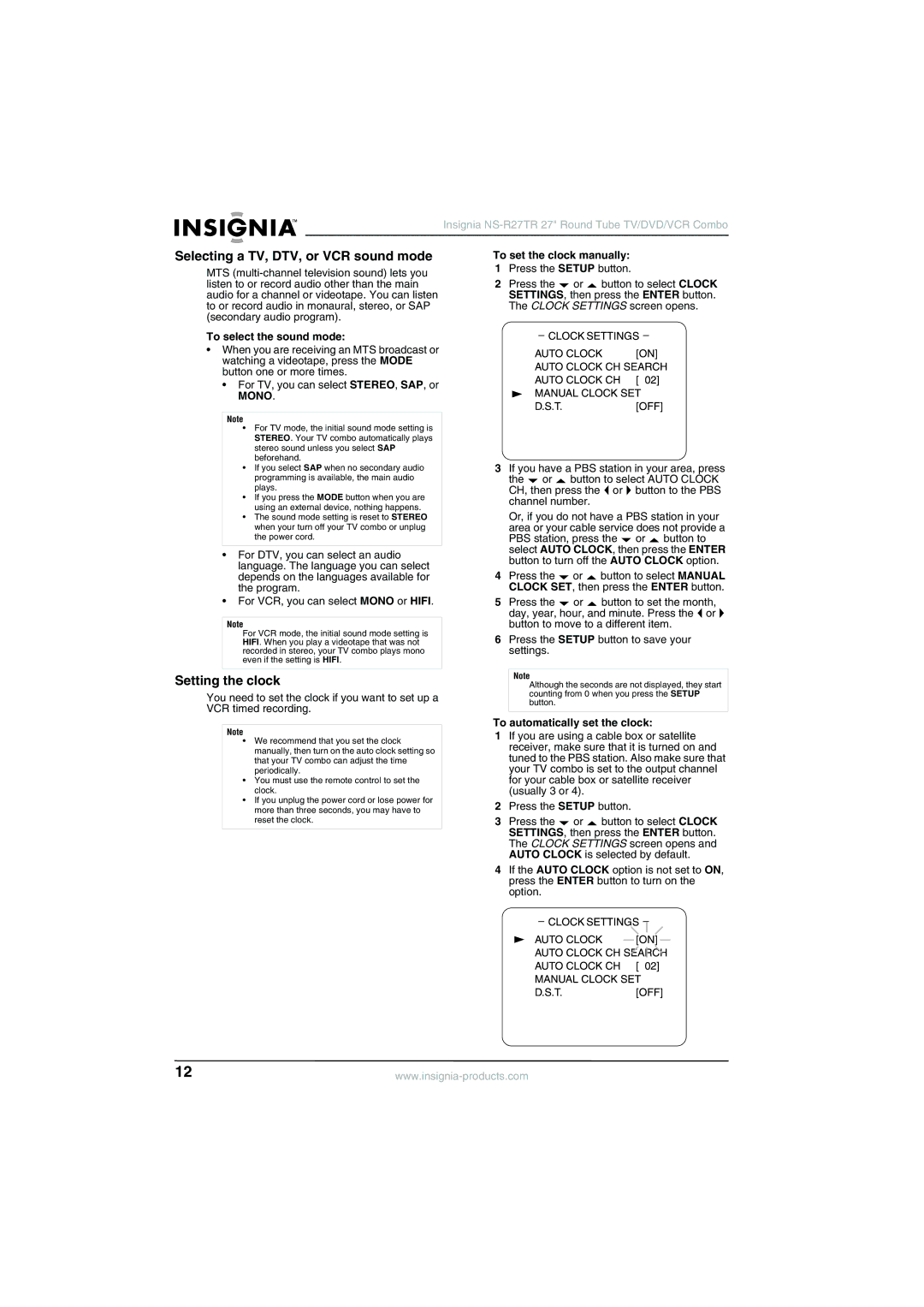 Insignia NS-R27TR manual Selecting a TV, DTV, or VCR sound mode, Setting the clock, To select the sound mode 