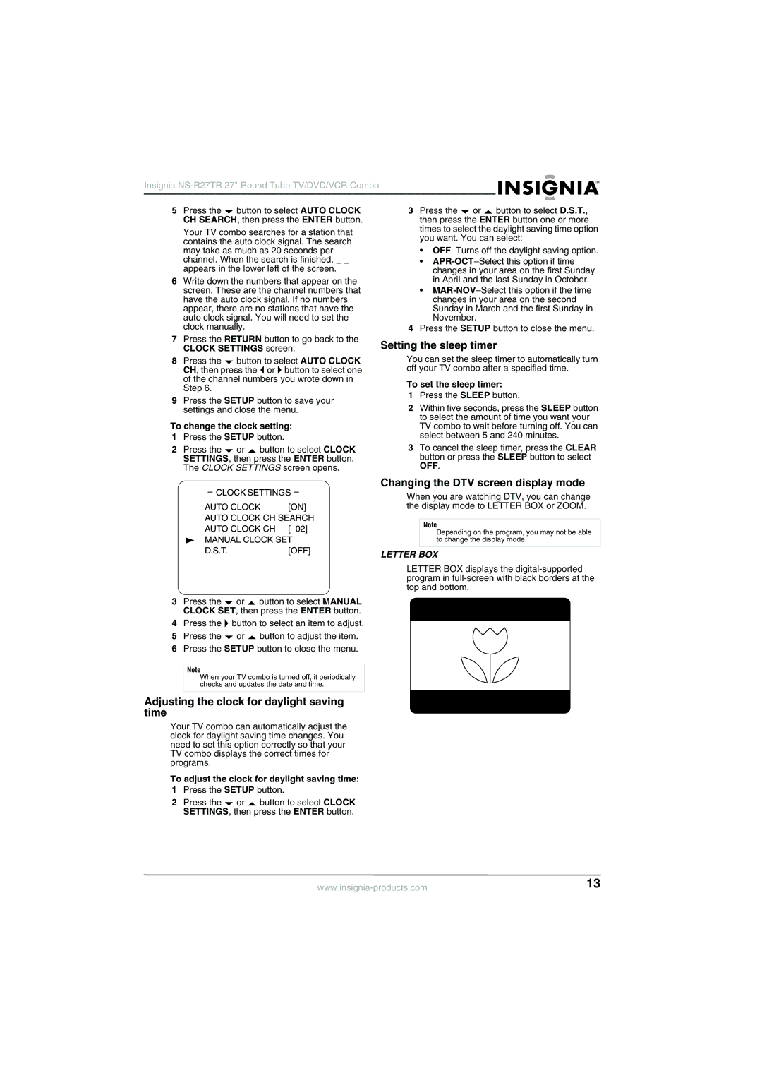 Insignia NS-R27TR manual Adjusting the clock for daylight saving time, Setting the sleep timer 