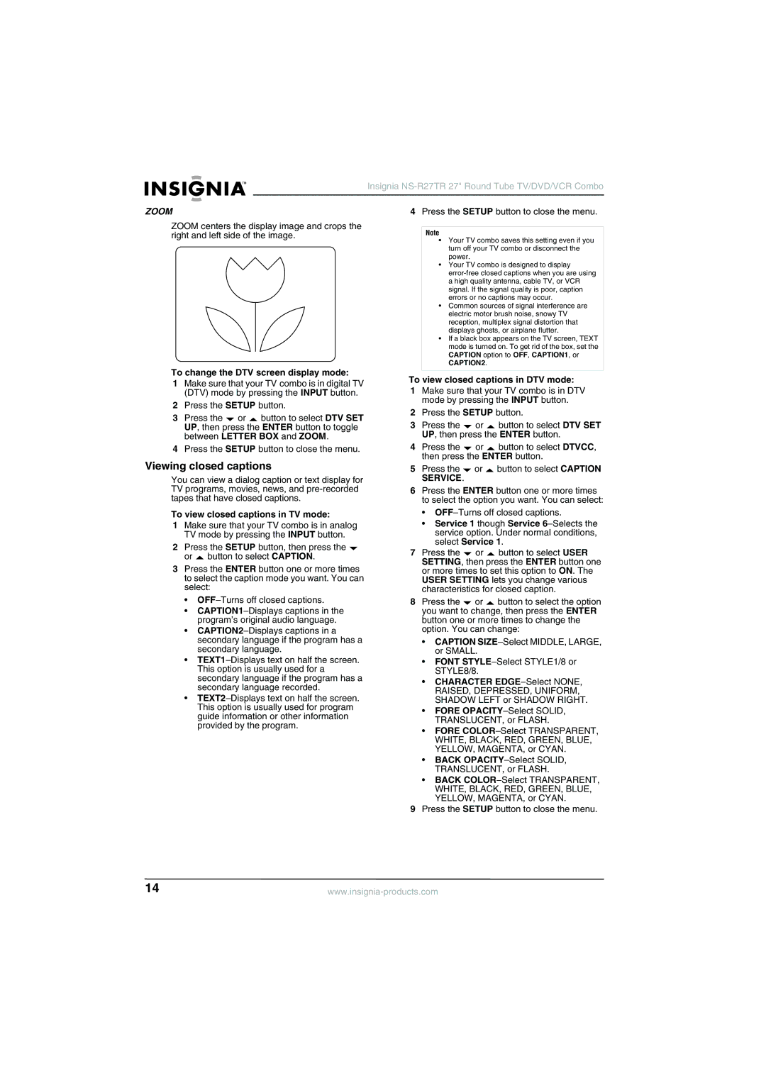 Insignia NS-R27TR manual Viewing closed captions, To change the DTV screen display mode, To view closed captions in TV mode 