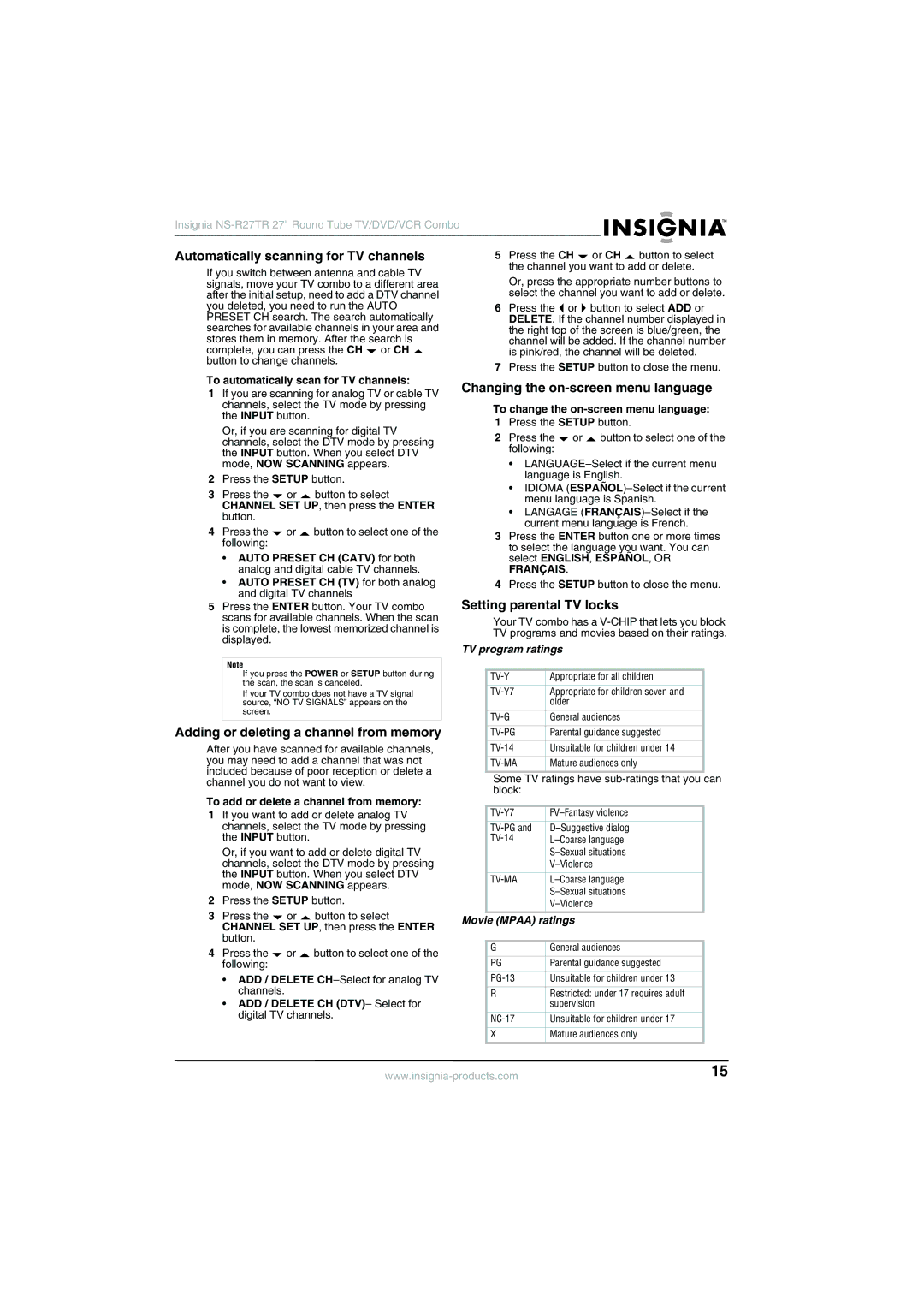 Insignia NS-R27TR Automatically scanning for TV channels, Changing the on-screen menu language, Setting parental TV locks 