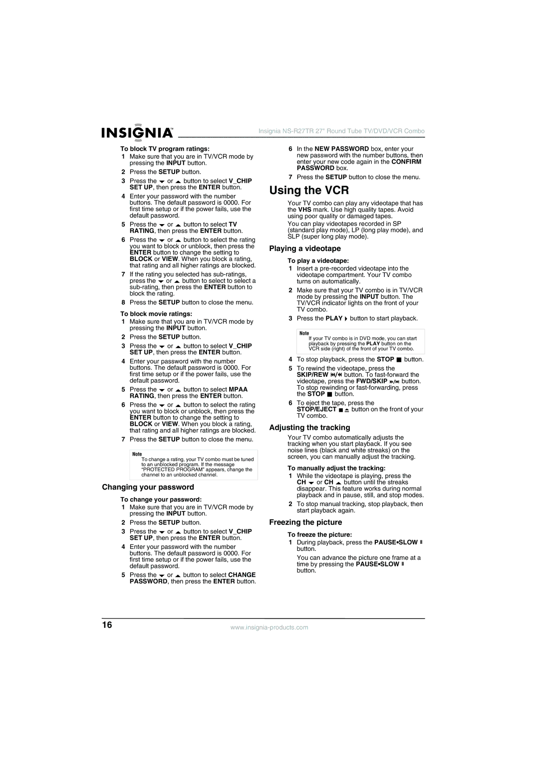 Insignia NS-R27TR Using the VCR, Changing your password, Playing a videotape, Adjusting the tracking, Freezing the picture 