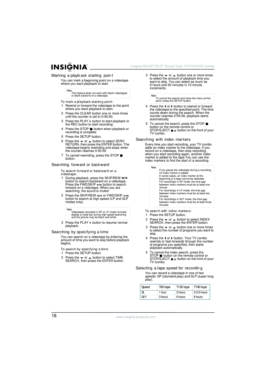 Insignia NS-R27TR manual Marking a playback starting point, Searching with index markers, Searching forward or backward 