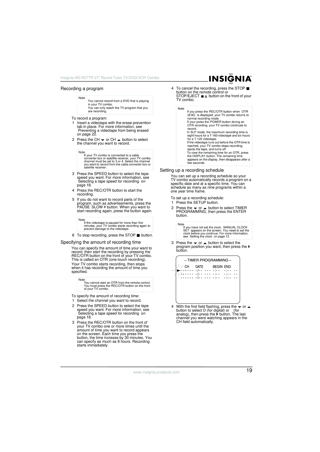 Insignia NS-R27TR manual Recording a program, Setting up a recording schedule, Specifying the amount of recording time 